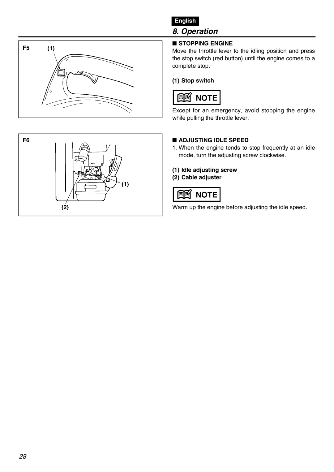 RedMax HBZ2601 manual Stopping Engine, Adjusting Idle Speed, Idle adjusting screw Cable adjuster 