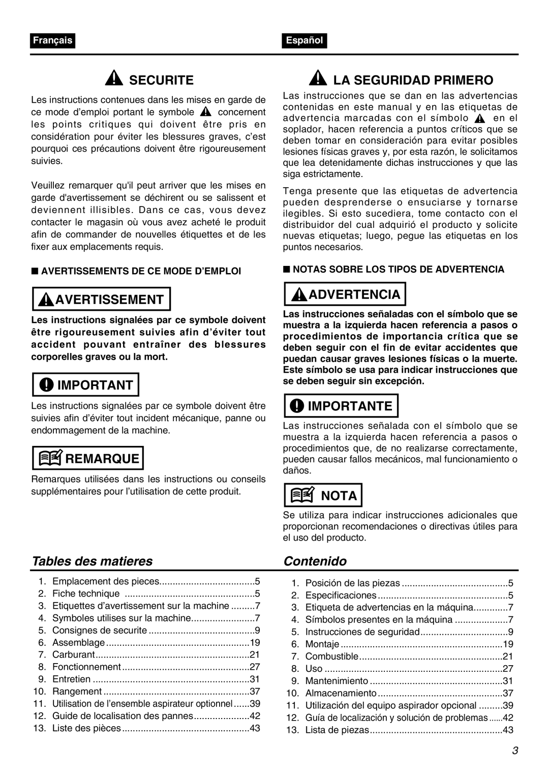 RedMax HBZ2601 Tables des matieres Contenido, Avertissements DE CE Mode D’EMPLOI, Notas Sobre LOS Tipos DE Advertencia 