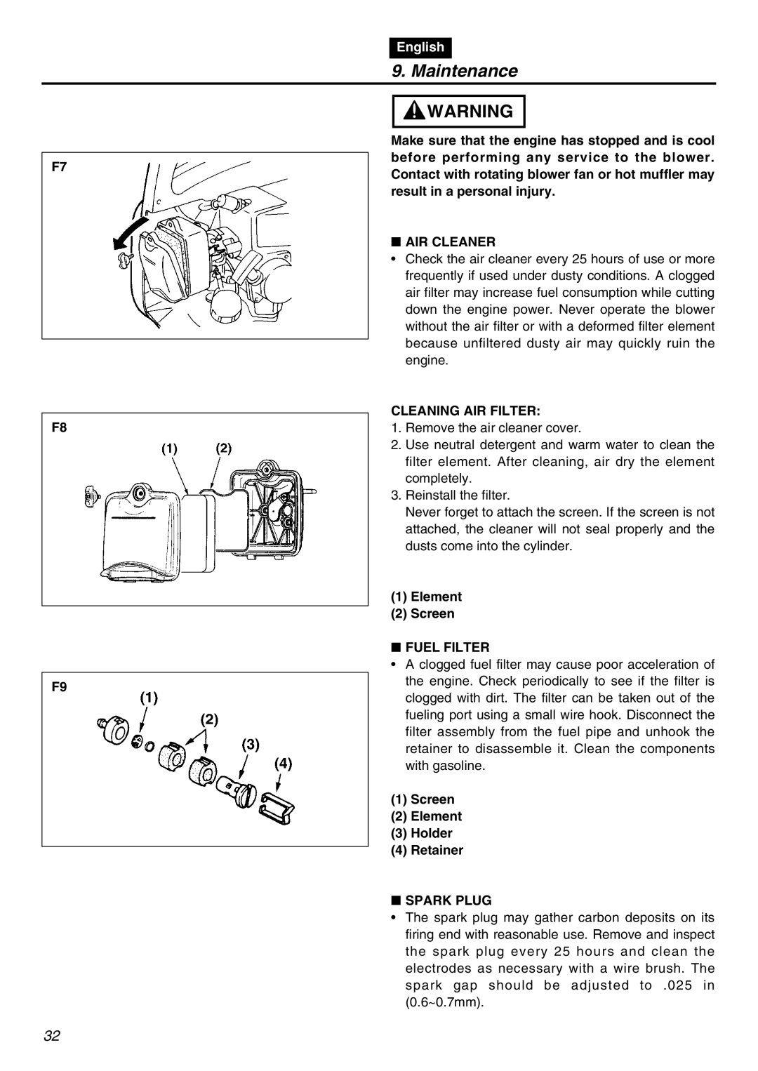 RedMax HBZ2601 manual AIR Cleaner, Cleaning AIR Filter, Fuel Filter, Spark Plug 