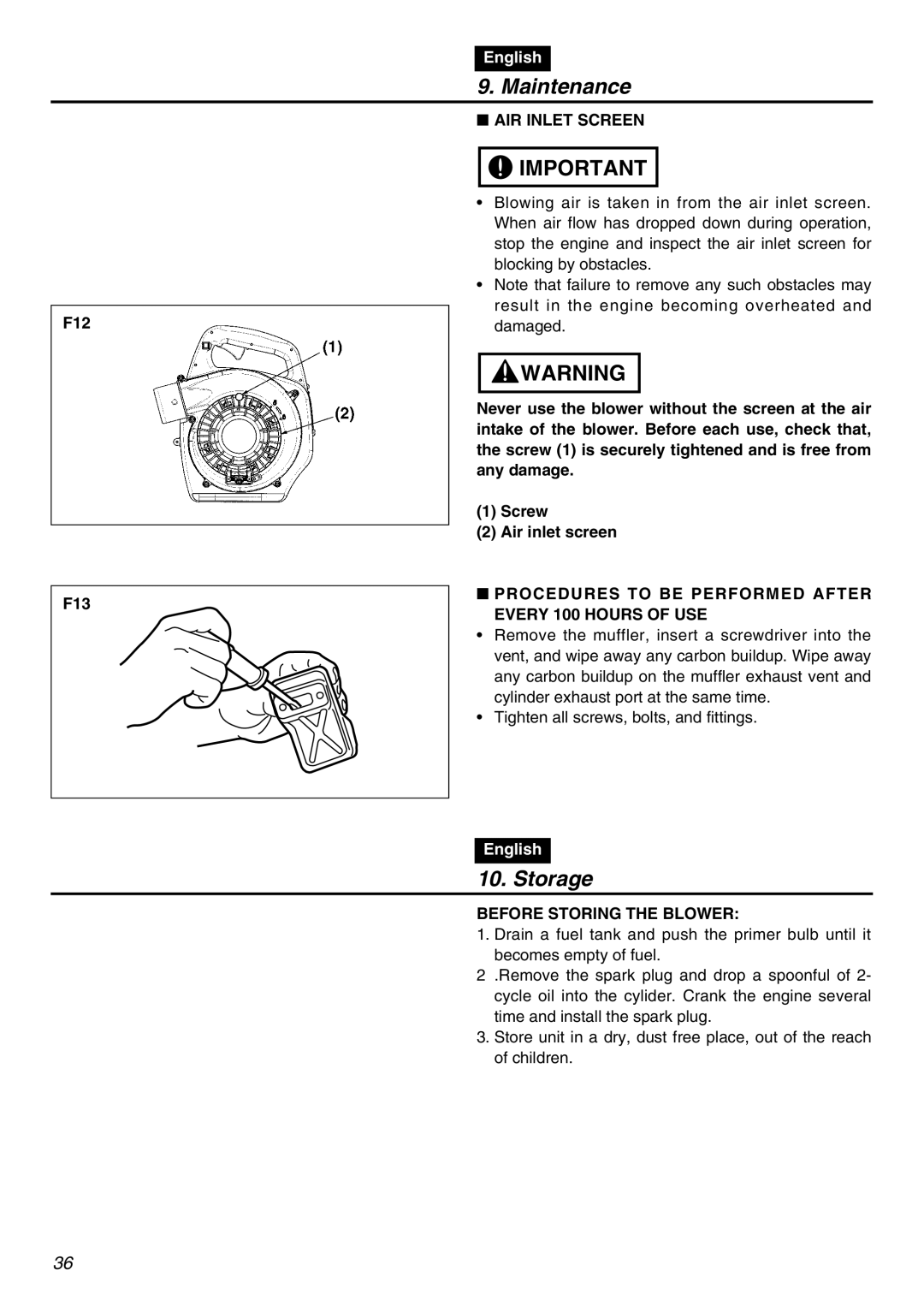 RedMax HBZ2601 manual Storage, F12 F13, AIR Inlet Screen, Procedures to be Performed After Every 100 Hours of USE 