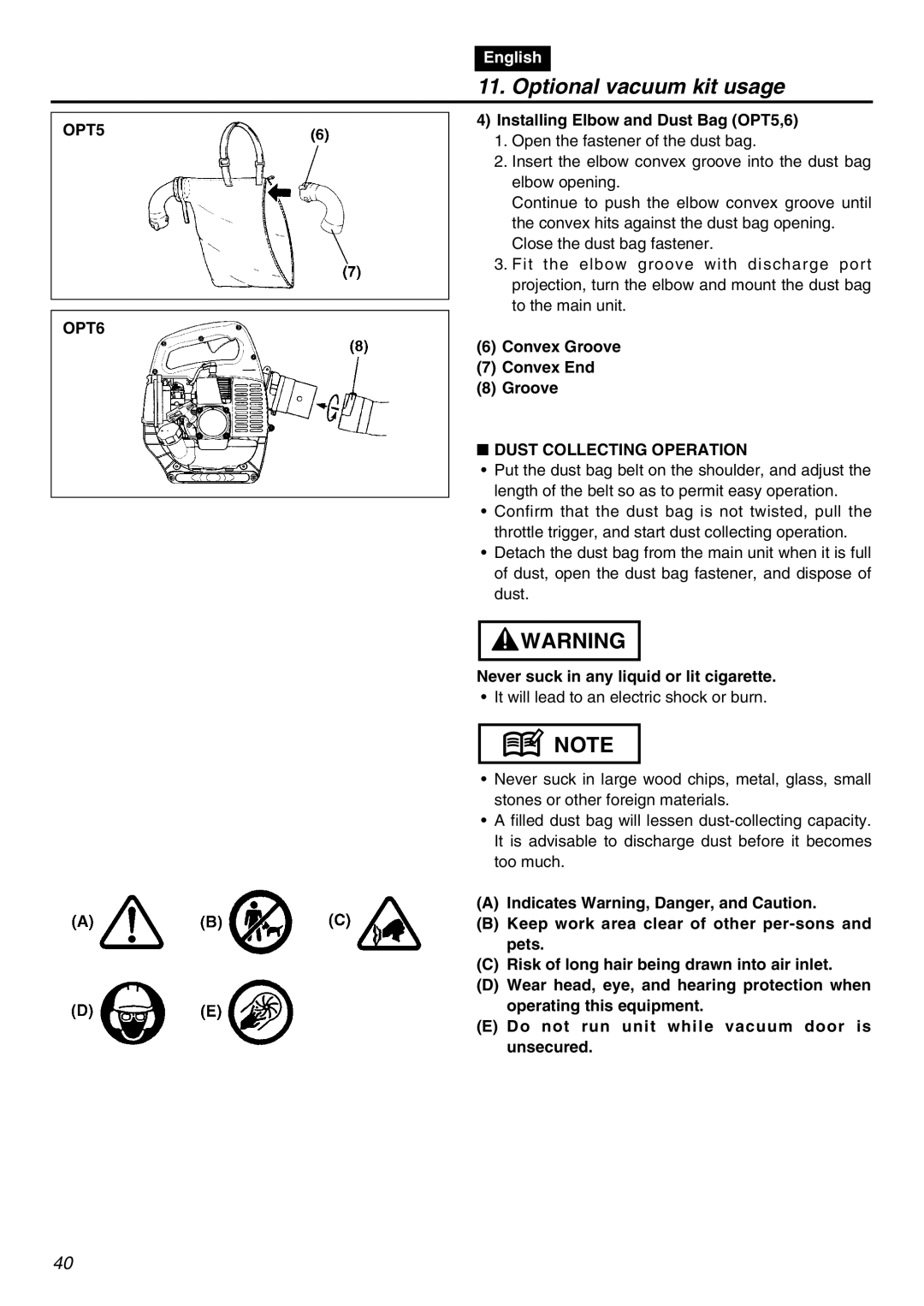 RedMax HBZ2601 manual OPT5 OPT6, Installing Elbow and Dust Bag OPT5,6, Convex Groove Convex End, Dust Collecting Operation 