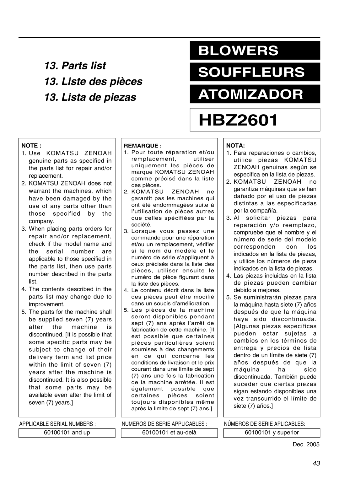 RedMax HBZ2601 manual Nota 