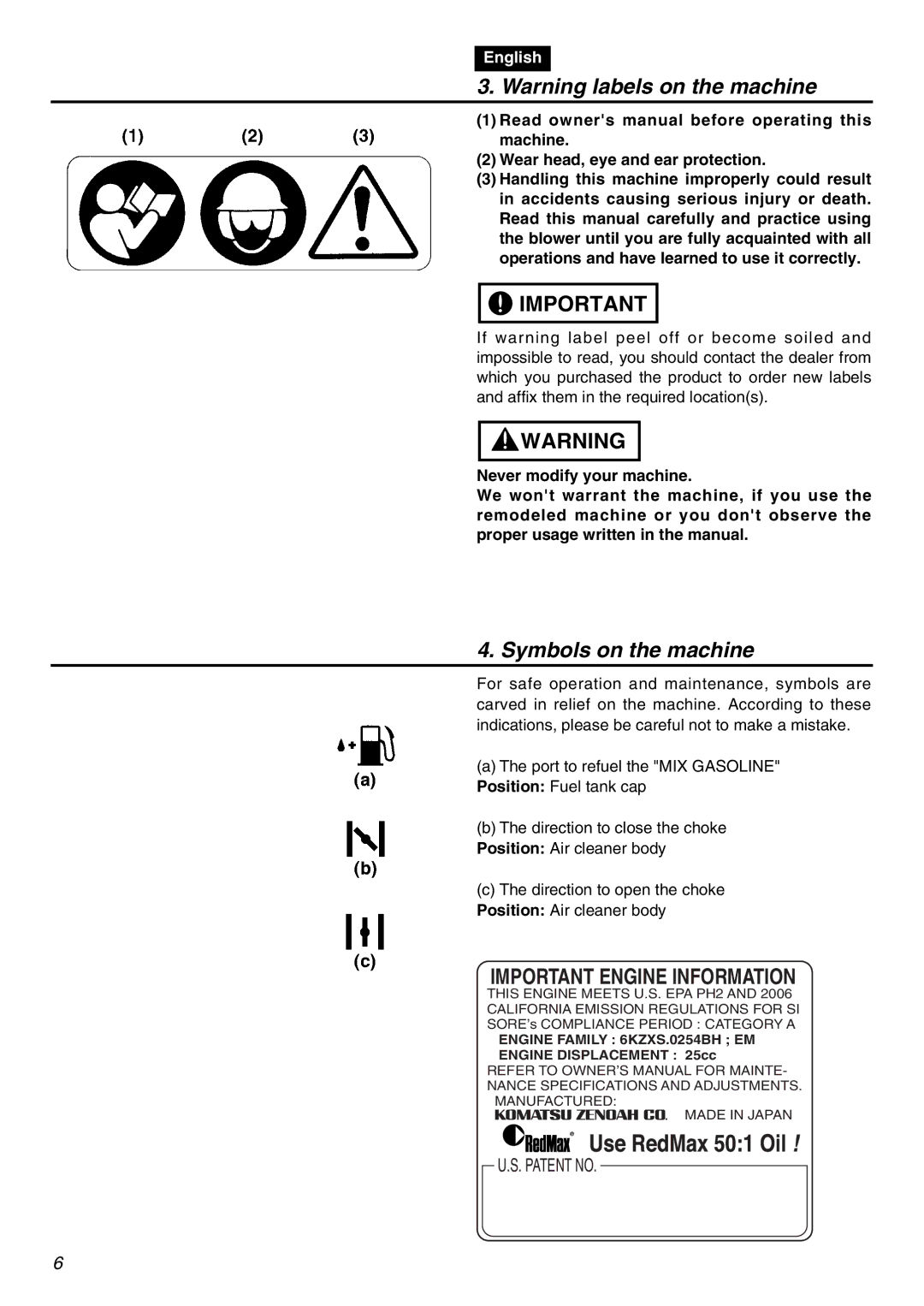 RedMax HBZ2601 manual Symbols on the machine, Important Engine Information 