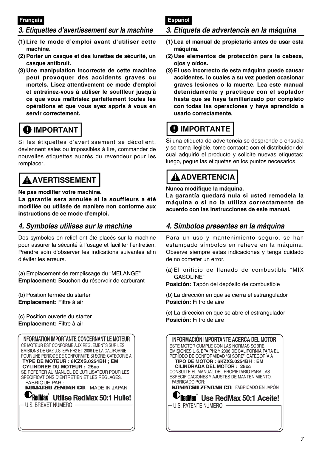 RedMax HBZ2601 manual Emplacement Filtre à air, Information Importante Concernant LE Moteur 