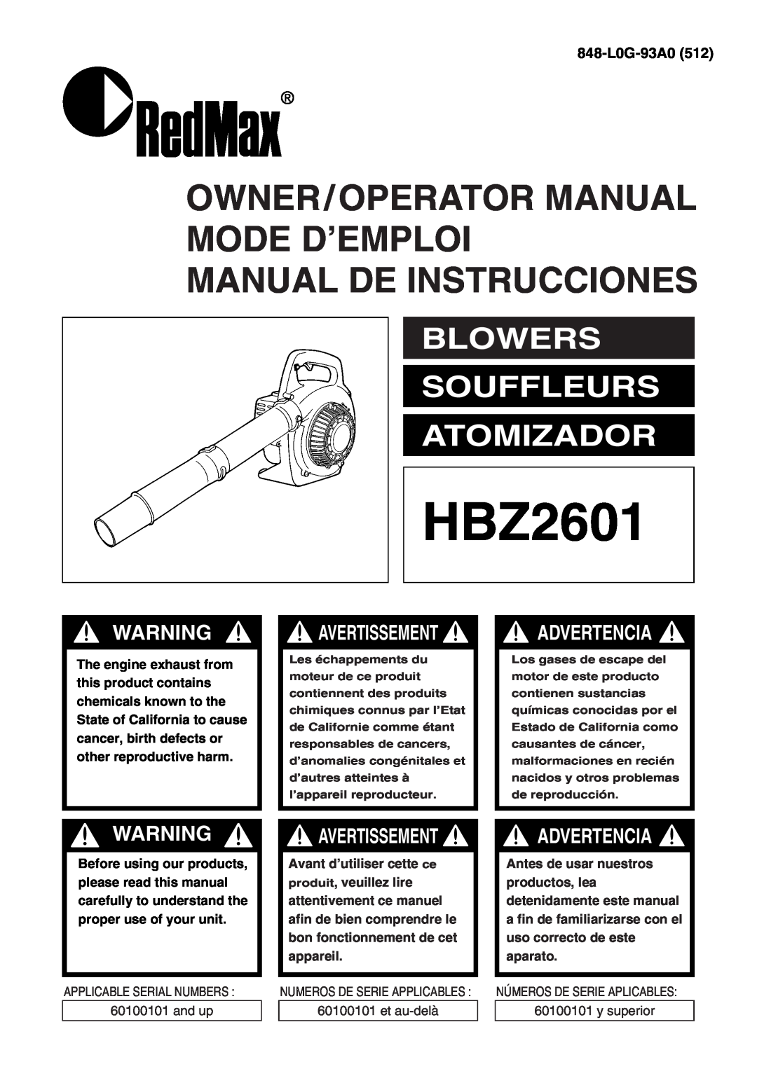 RedMax HBZ2601 manual Owner/Operator Manual Mode D’Emploi, Manual De Instrucciones, Blowers Souffleurs Atomizador 