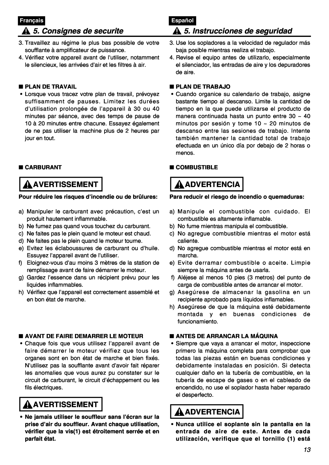 RedMax HBZ2601 Consignes de securite, Instrucciones de seguridad, Avertissement, Advertencia, Français, Español, Carburant 