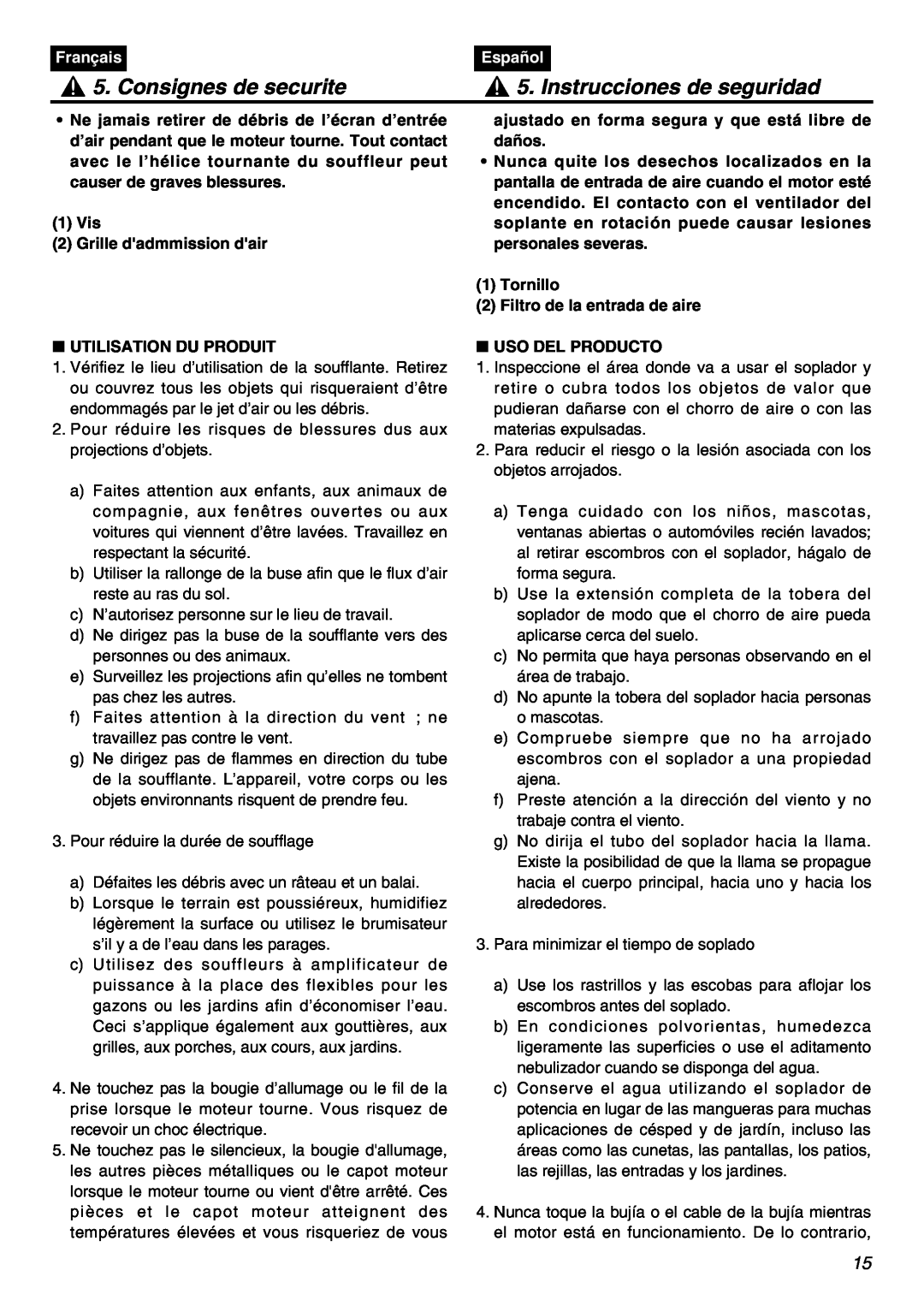 RedMax HBZ2601 manual Consignes de securite, Instrucciones de seguridad, Français, Español, 1Vis 2Grille dadmmission dair 