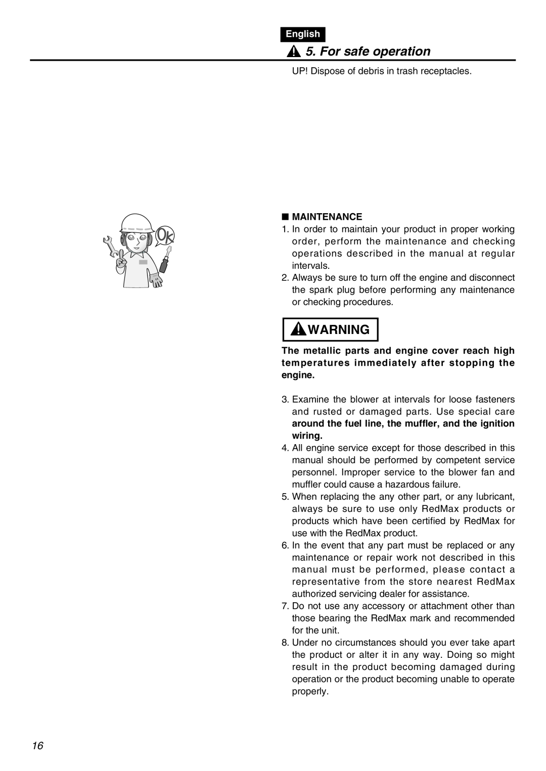 RedMax HBZ2601 manual For safe operation, English, Maintenance 