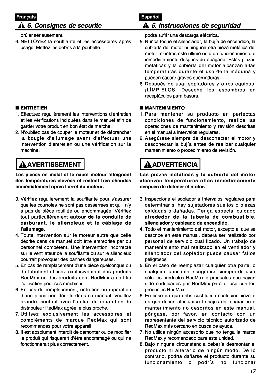 RedMax HBZ2601 Consignes de securite, Instrucciones de seguridad, Avertissement, Advertencia, Français, Español, Entretien 