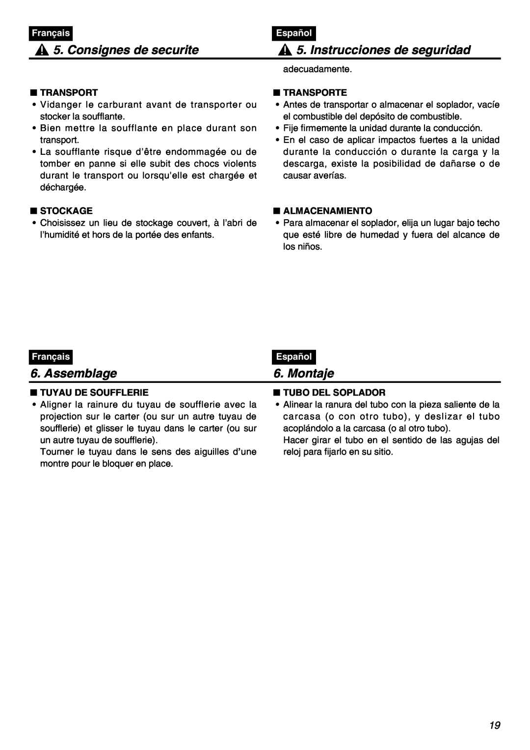 RedMax HBZ2601 Assemblage, Montaje, Consignes de securite, Instrucciones de seguridad, Français, Español, adecuadamente 