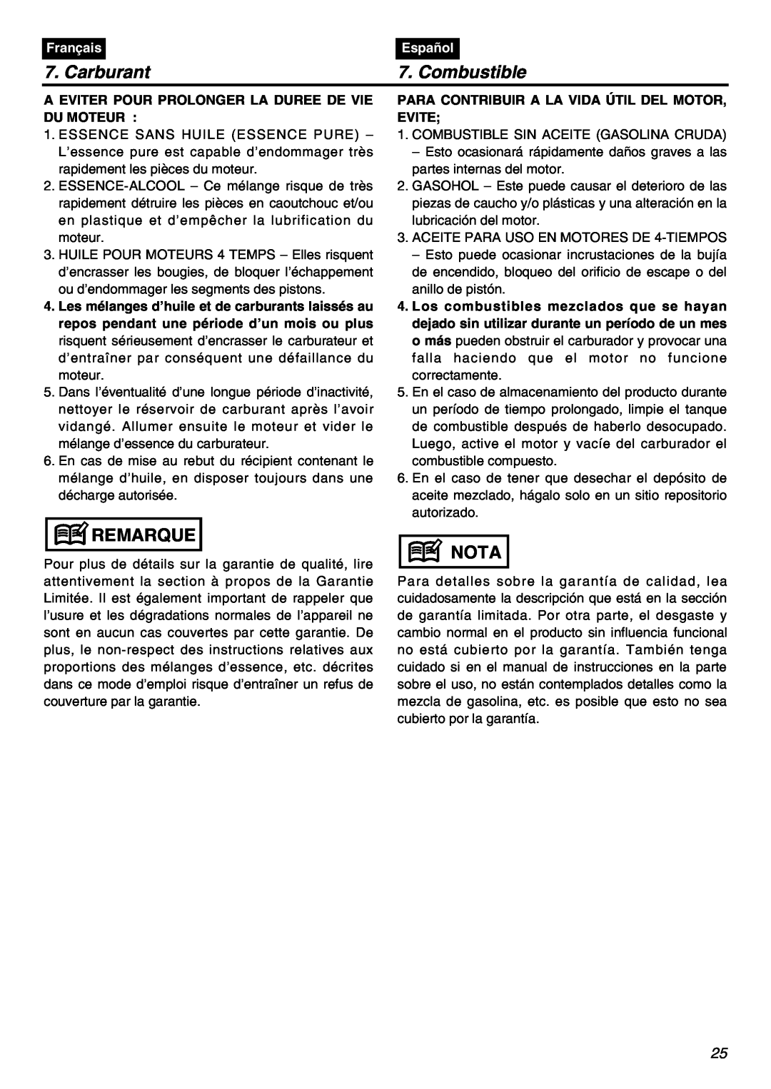 RedMax HBZ2601 Carburant, Combustible, Remarque, Nota, Français, Español, Para Contribuir A La Vida Útil Del Motor, Evite 