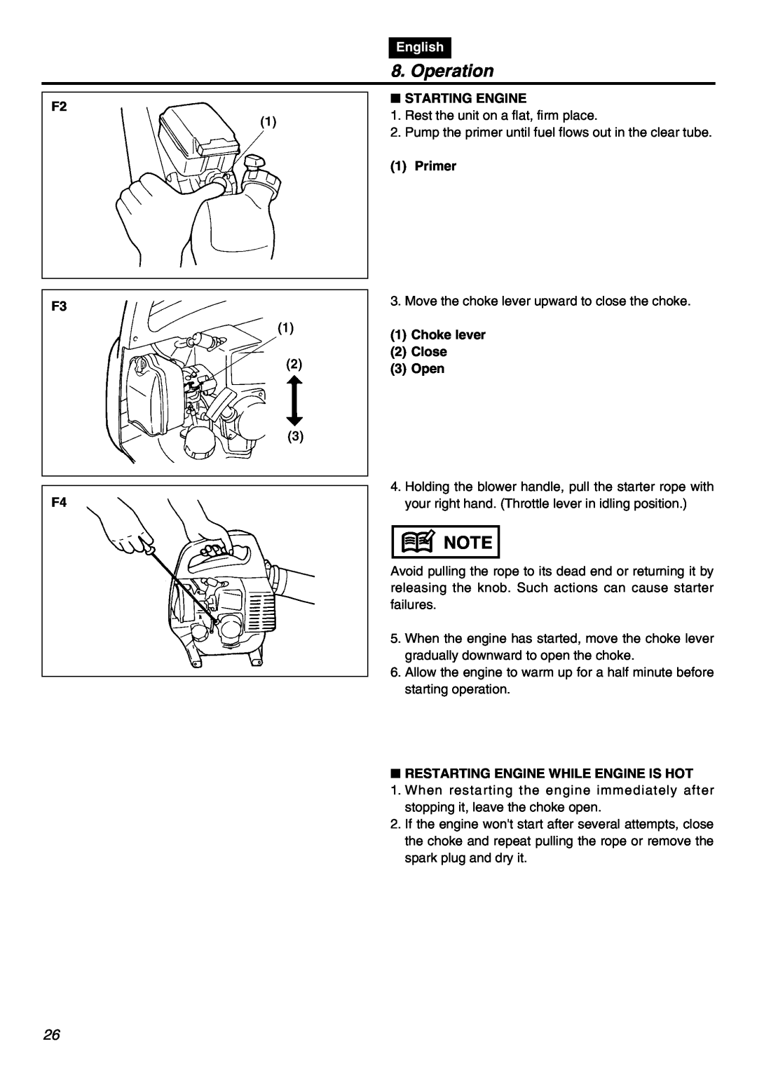 RedMax HBZ2601 manual Operation, F2 F3 F4, English, Starting Engine, Primer, 1Choke lever 2Close 3Open 