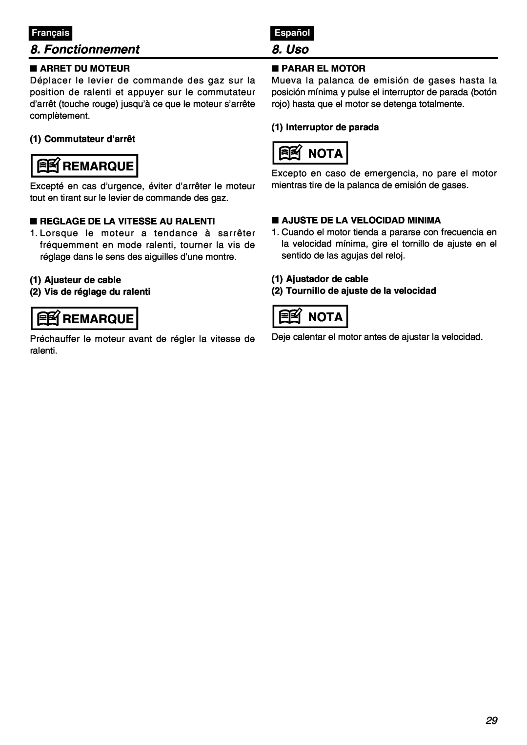 RedMax HBZ2601 manual Fonctionnement, Uso, Remarque, Nota, Français, Español, Arret Du Moteur, Commutateur d’arrêt 