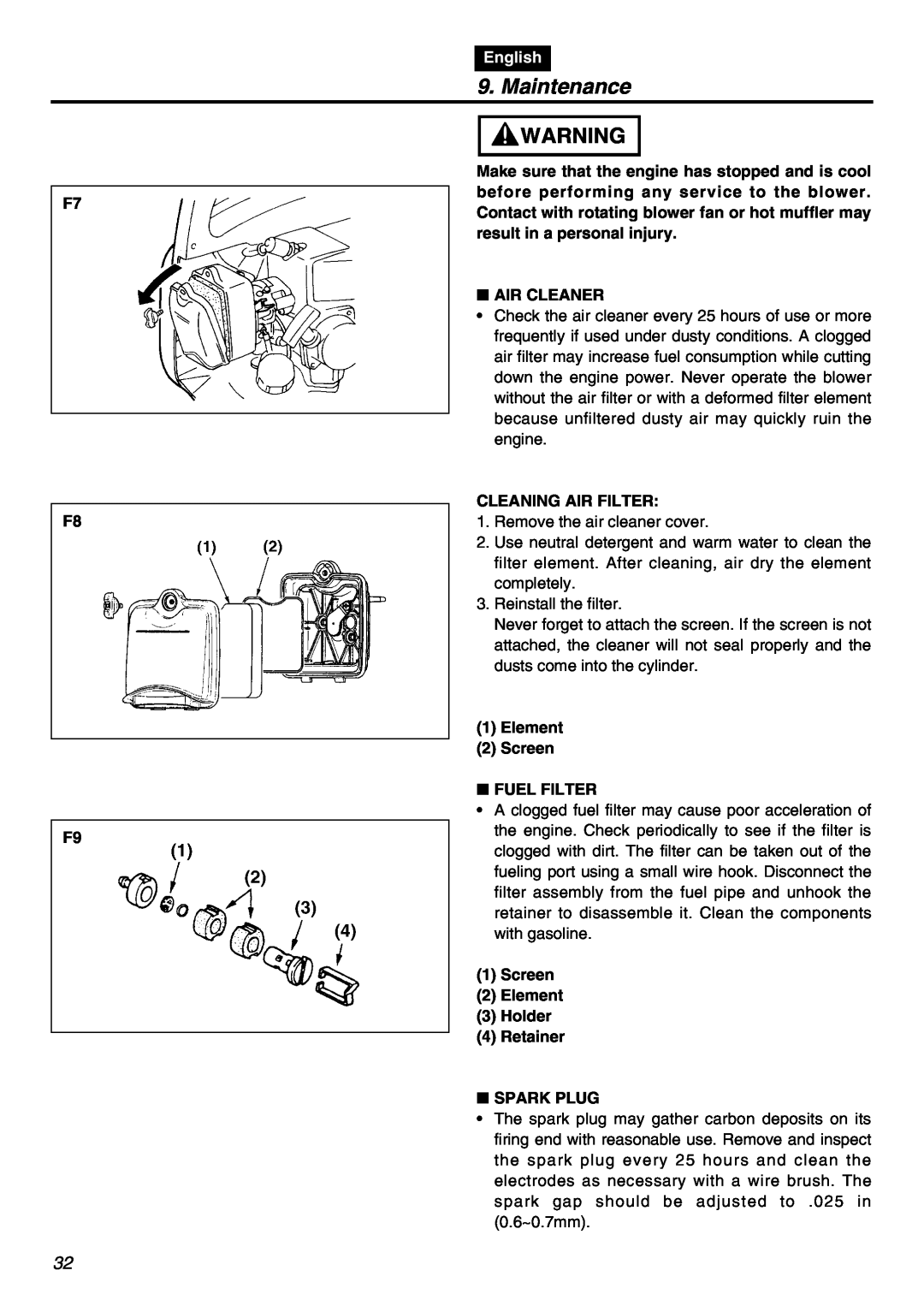 RedMax HBZ2601 manual Maintenance, F7 F8 F9, English, Air Cleaner, Cleaning Air Filter, 1Element 2Screen FUEL FILTER 