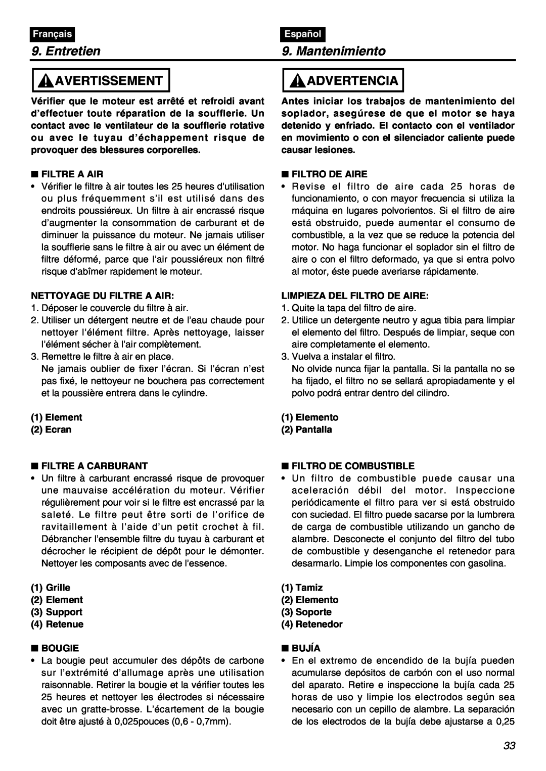 RedMax HBZ2601 manual Entretien, Mantenimiento, Avertissement, Advertencia, Français, Español, Filtre A Air, Filtro De Aire 