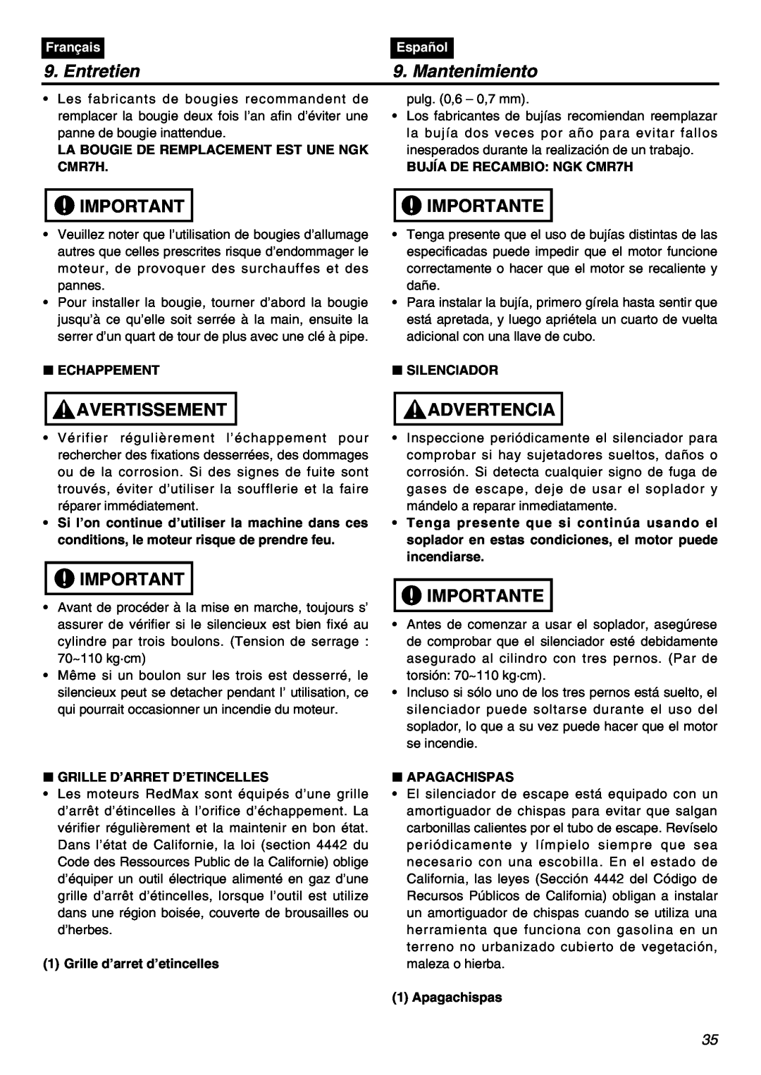 RedMax HBZ2601 manual Entretien, Mantenimiento, Avertissement, Importante, Advertencia, Français, Español, Echappement 