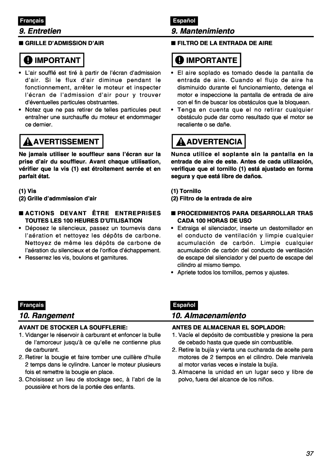 RedMax HBZ2601 manual Rangement, Almacenamiento, Entretien, Mantenimiento, Importante, Avertissement, Advertencia, Français 