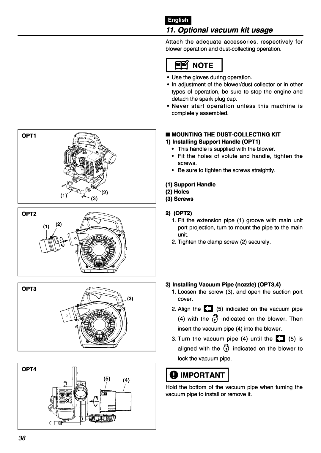 RedMax HBZ2601 manual Optional vacuum kit usage, OPT1 OPT2 OPT3 OPT4, English, Mounting The Dust-Collectingkit 