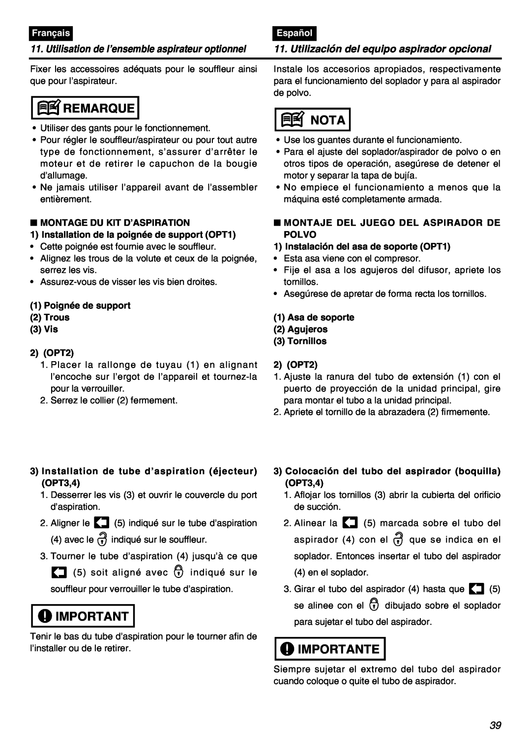 RedMax HBZ2601 manual Remarque, Nota, Importante, Utilización del equipo aspirador opcional, Français, Español, 2 OPT2 