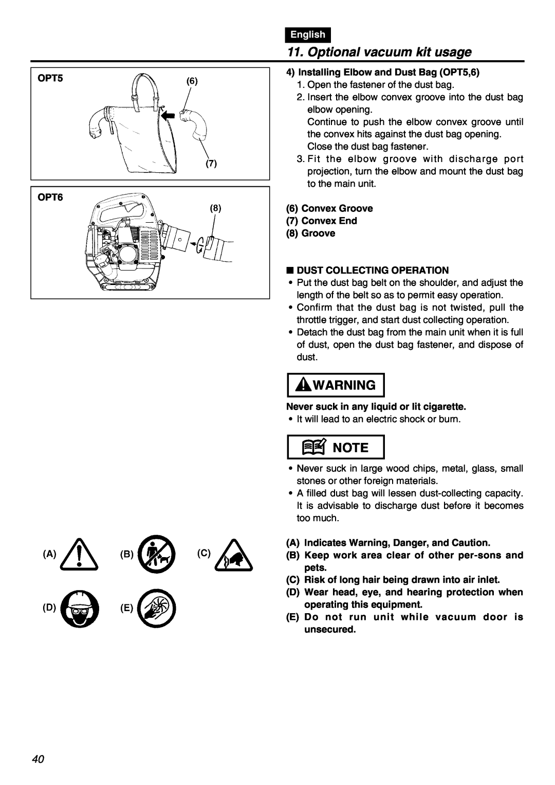 RedMax HBZ2601 manual Optional vacuum kit usage, OPT5 OPT6, English, 4Installing Elbow and Dust Bag OPT5,6 