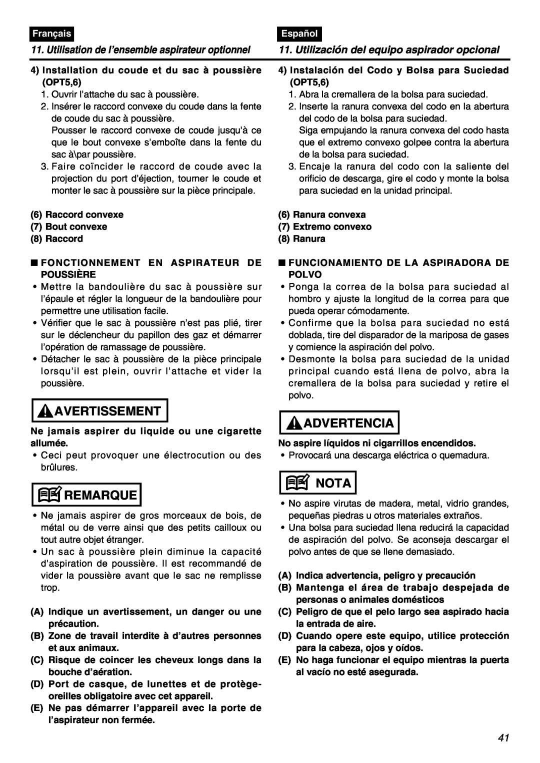 RedMax HBZ2601 Avertissement, Remarque, Advertencia, Nota, Utilización del equipo aspirador opcional, Français, Español 