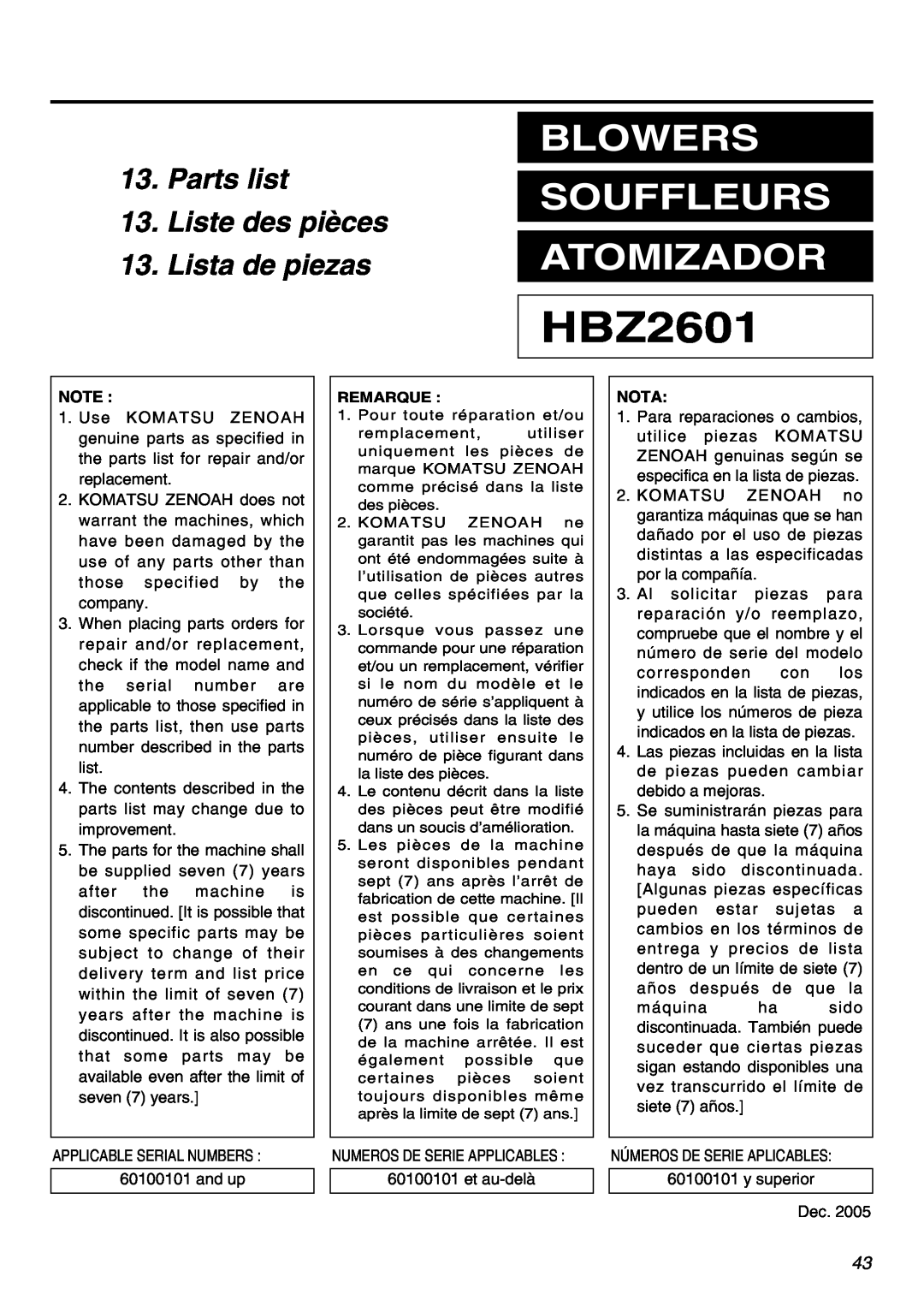 RedMax HBZ2601 manual Parts list 13.Liste des pièces, Lista de piezas, Blowers Souffleurs Atomizador, Nota 