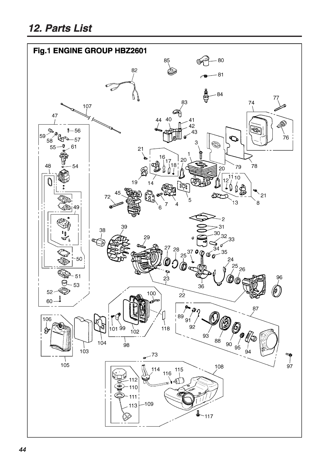 RedMax manual Parts List, ENGINE GROUP HBZ2601 