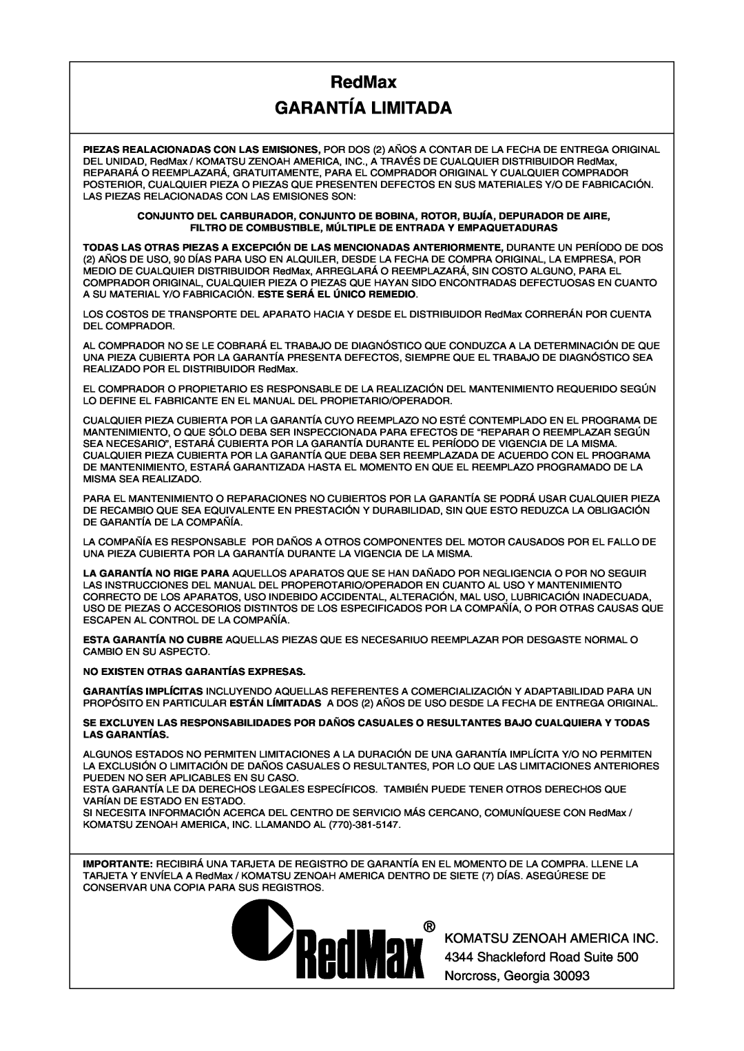 RedMax HBZ2601 manual RedMax GARANTÍA LIMITADA 