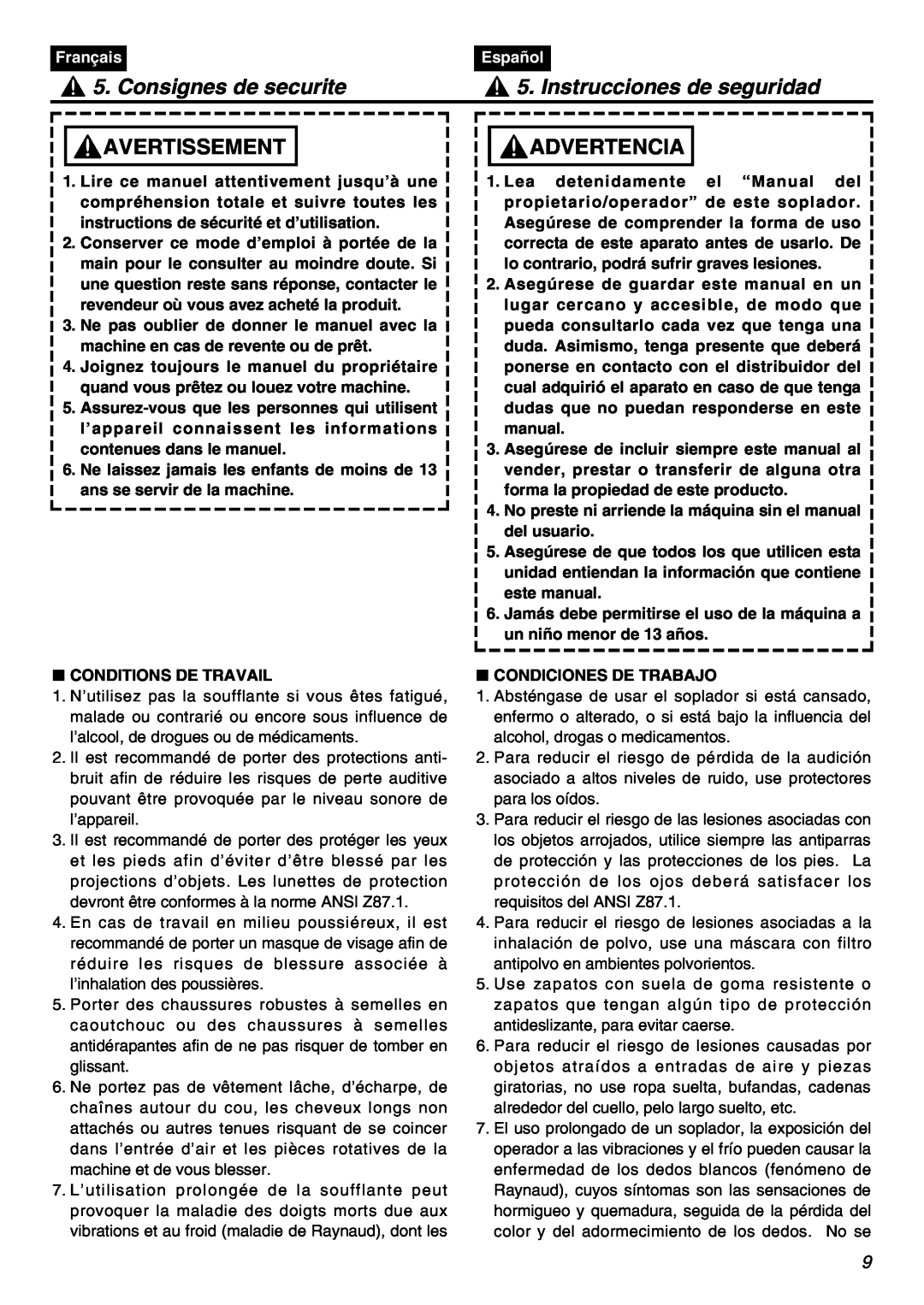 RedMax HBZ2601 manual Consignes de securite, Instrucciones de seguridad, Avertissement, Advertencia, Français, Español 