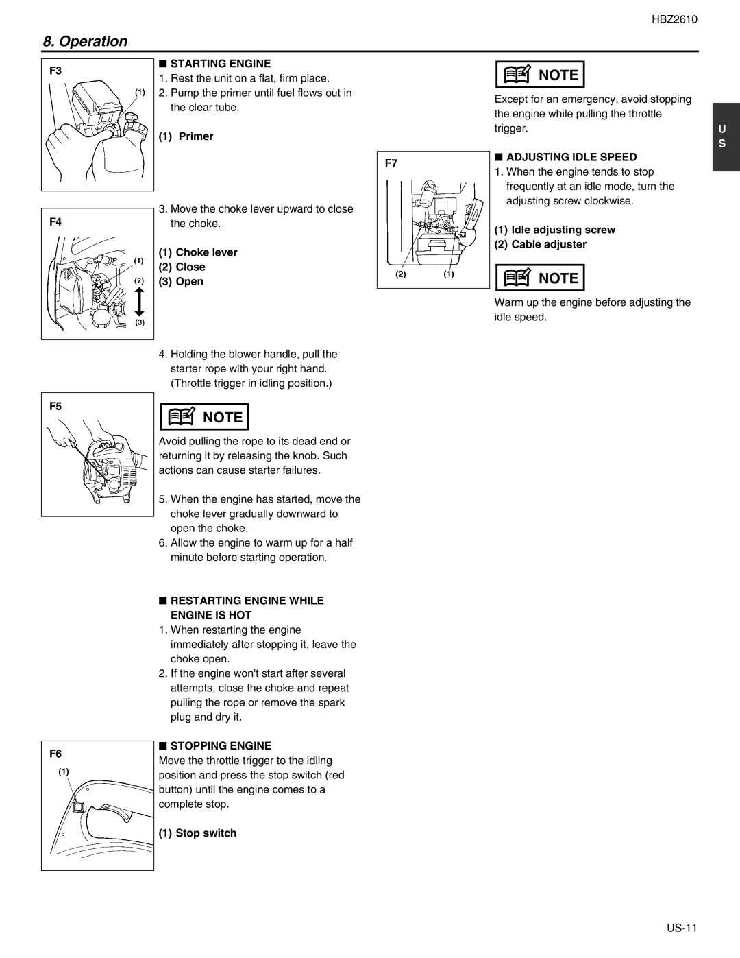 RedMax HBZ2610 Operation, Starting Engine, Adjusting Idle Speed, Restarting Engine While Engine is HOT, Stopping Engine 