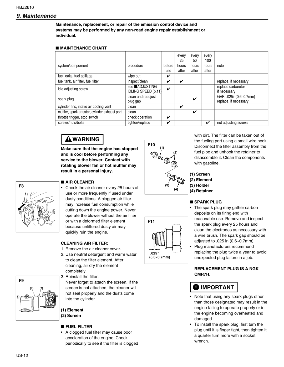 RedMax HBZ2610 manual Maintenance 