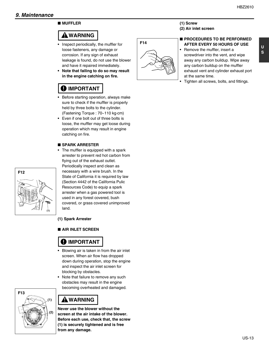 RedMax HBZ2610 manual Muffler, Spark Arrester, Procedures to be Performed After Every 50 Hours of USE, AIR Inlet Screen 