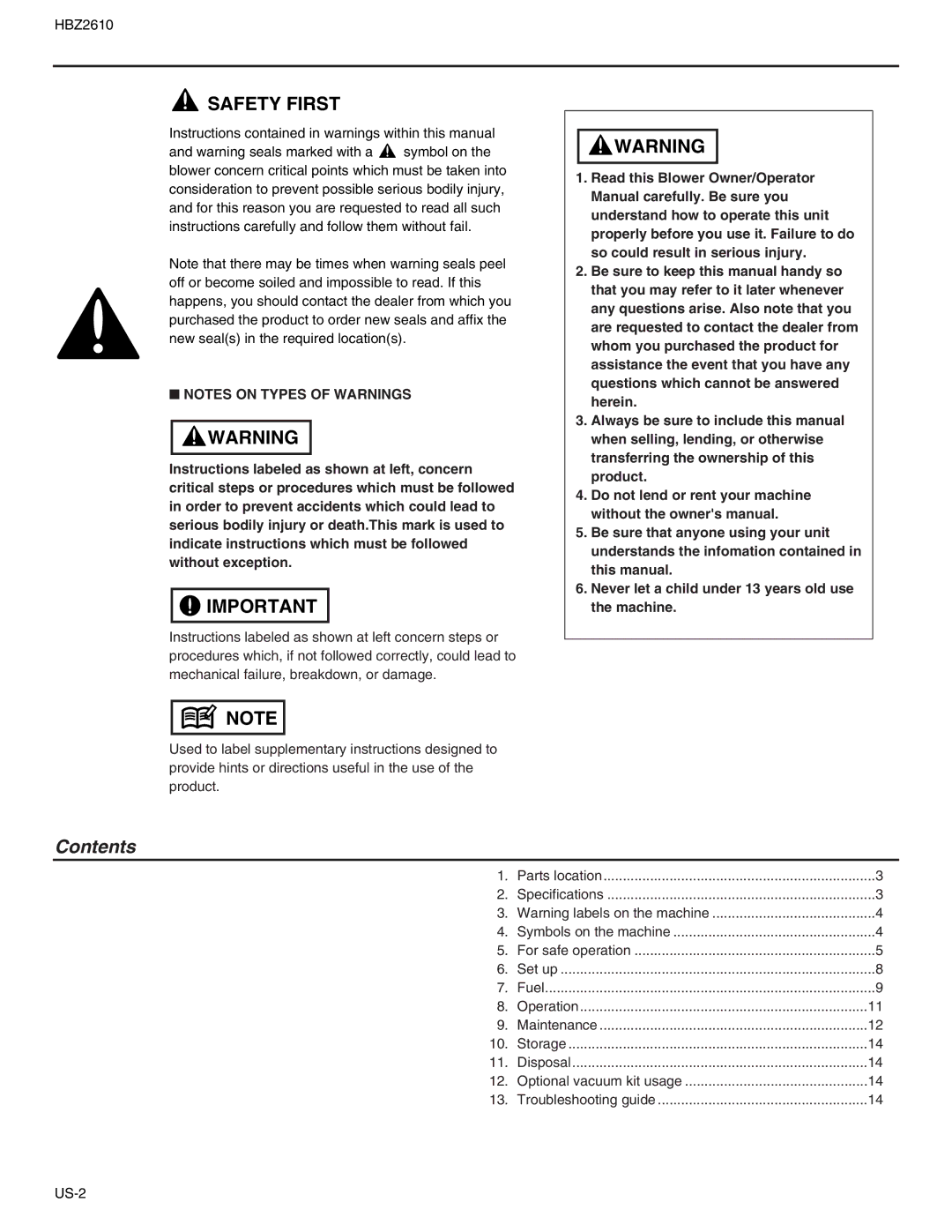 RedMax HBZ2610 manual Contents 