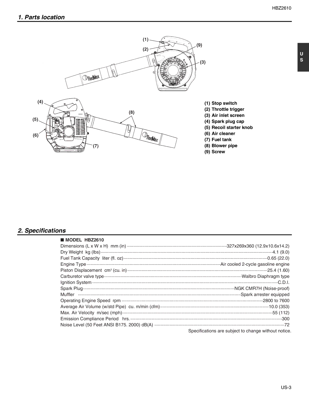 RedMax manual Parts location, Specifications, Model HBZ2610 