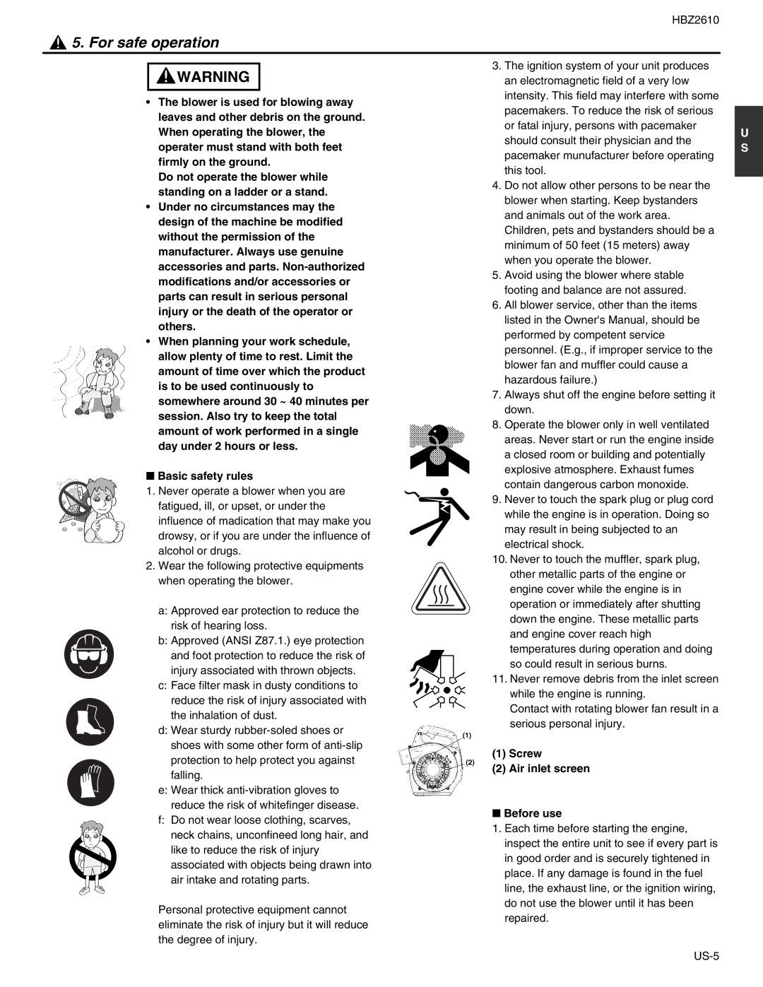 RedMax HBZ2610 manual For safe operation, Screw Air inlet screen Before use 