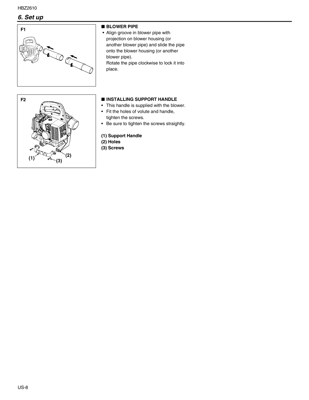 RedMax HBZ2610 manual Set up, Blower Pipe, Installing Support Handle, Support Handle Holes Screws 