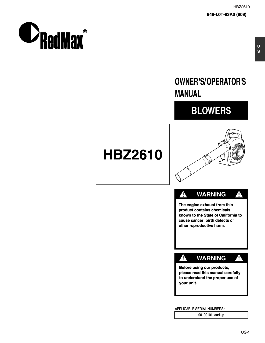 RedMax HBZ2610 manual 848-L0T-93A0909, Manual, Blowers, Owners/Operators 