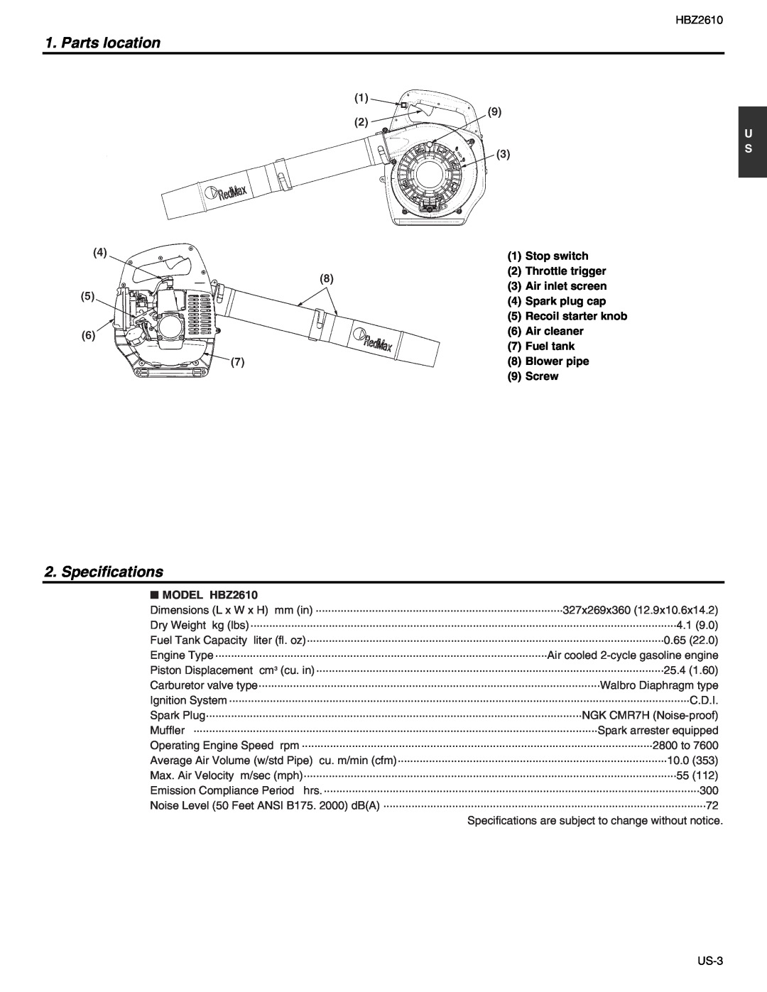 RedMax HBZ2610 manual Parts location, Specifications 