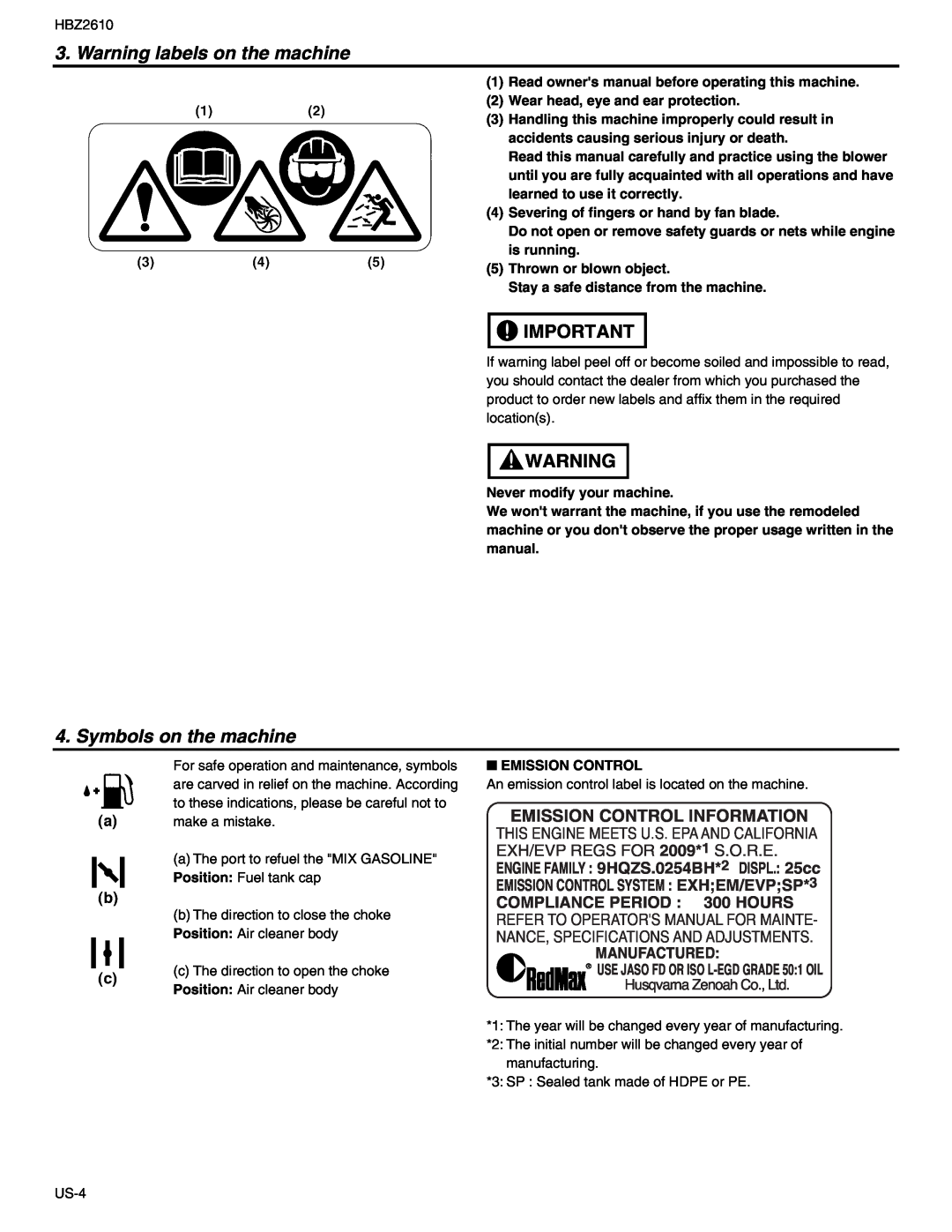 RedMax HBZ2610 Warning labels on the machine, Symbols on the machine, Manufactured, USE JASO FD OR ISO L-EGDGRADE 50 1 OIL 