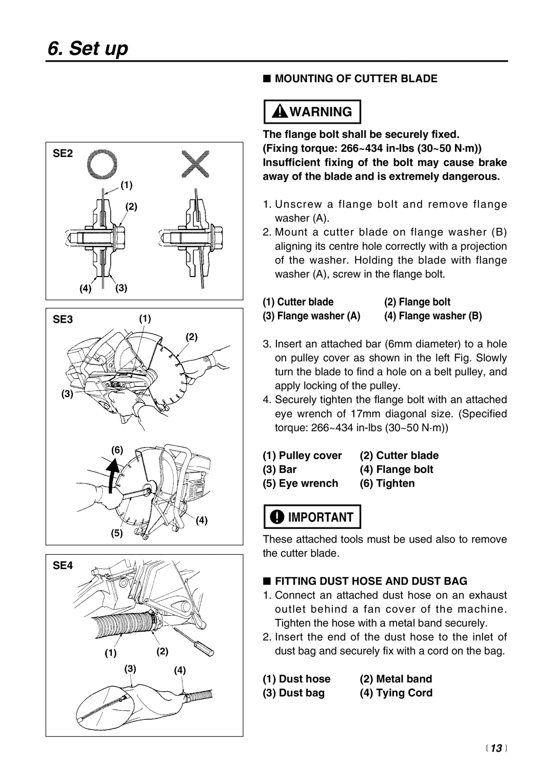 RedMax HC510DV manual SE2 SE3 SE4 Mounting of Cutter Blade, Cutter blade Flange bolt Flange washer a,  13  