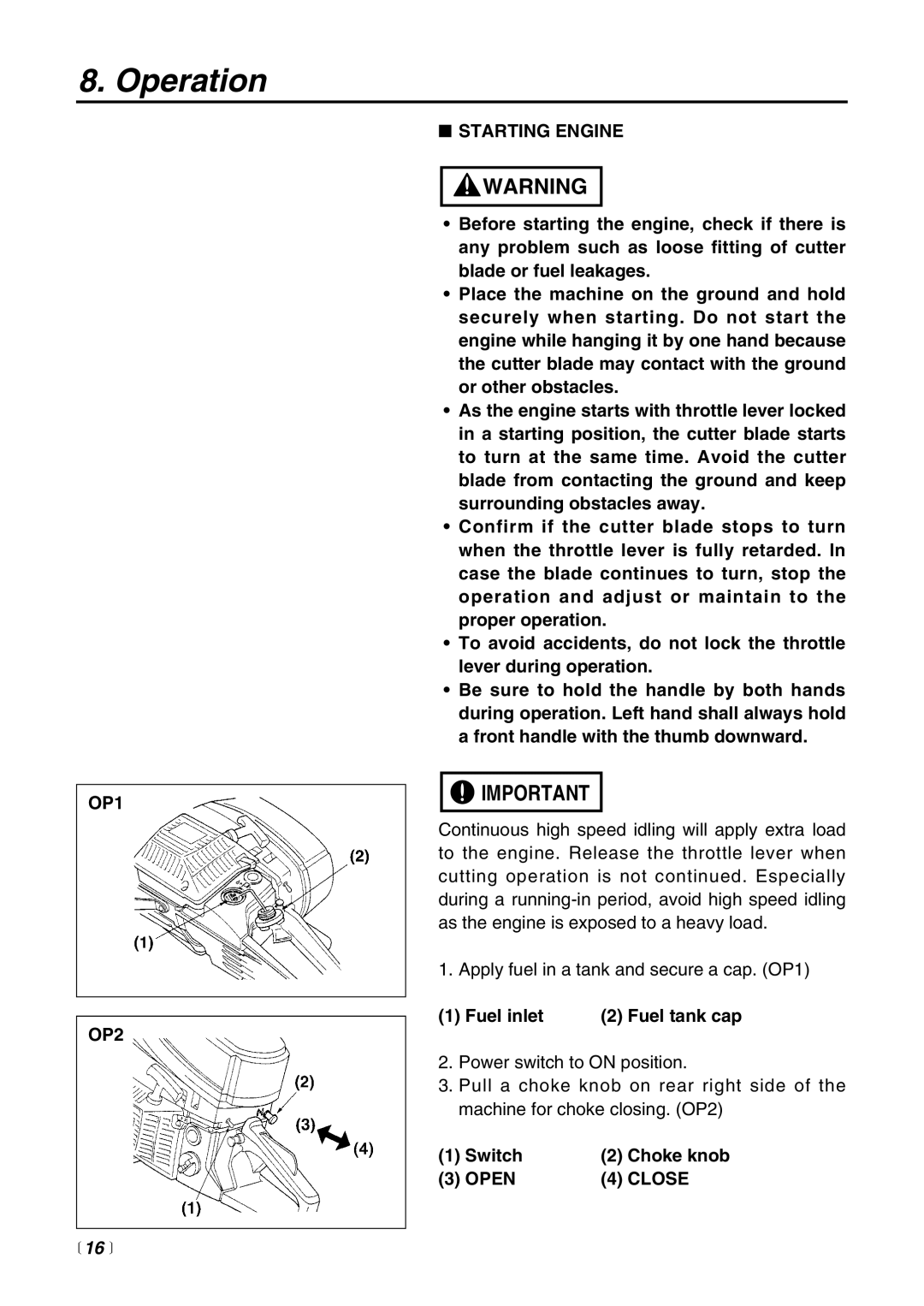 RedMax HC510DV manual Operation, OP1 OP2 Starting Engine, Close,  16  