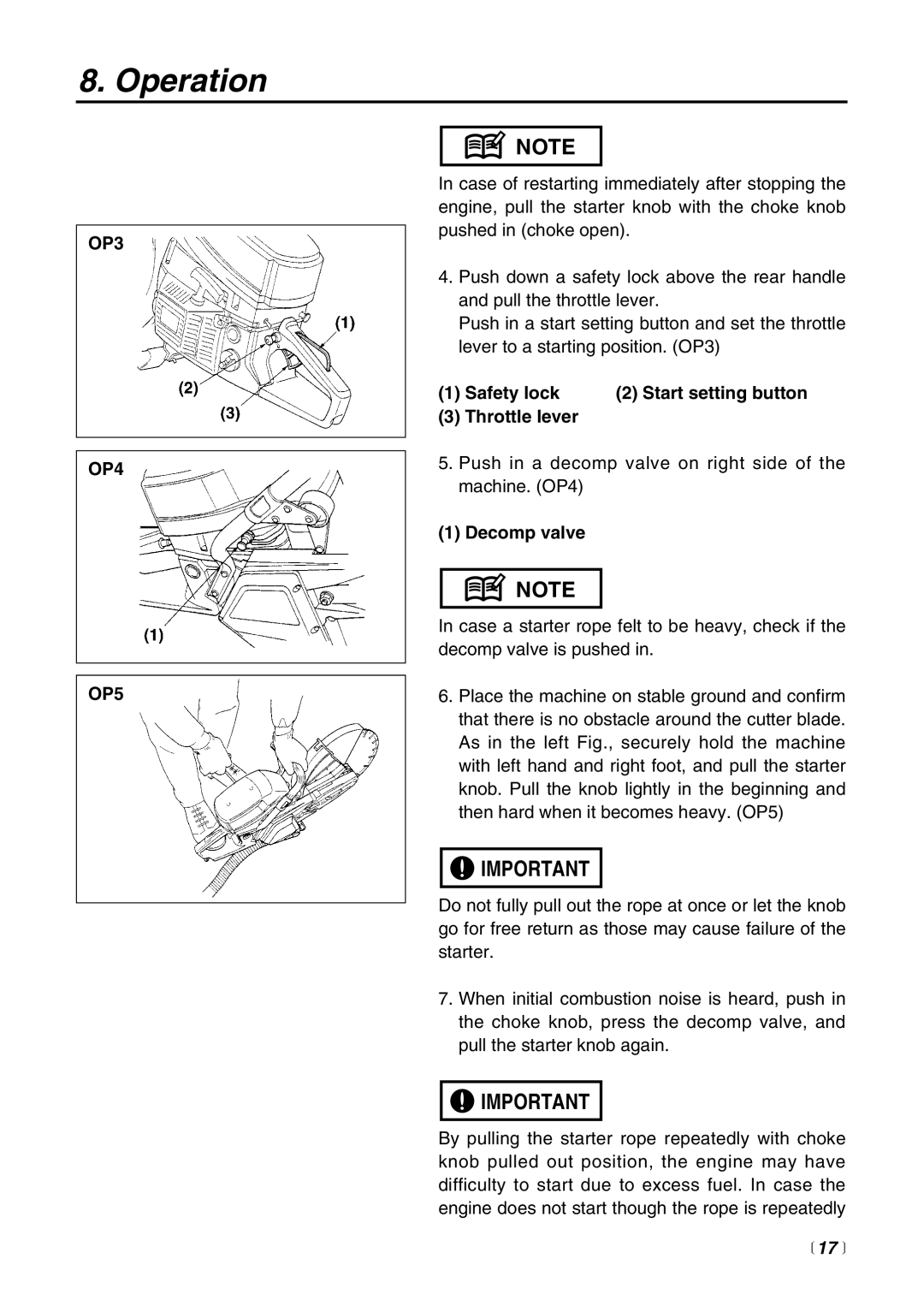 RedMax HC510DV manual OP3 OP4 OP5, Safety lock Start setting button Throttle lever, Decomp valve 