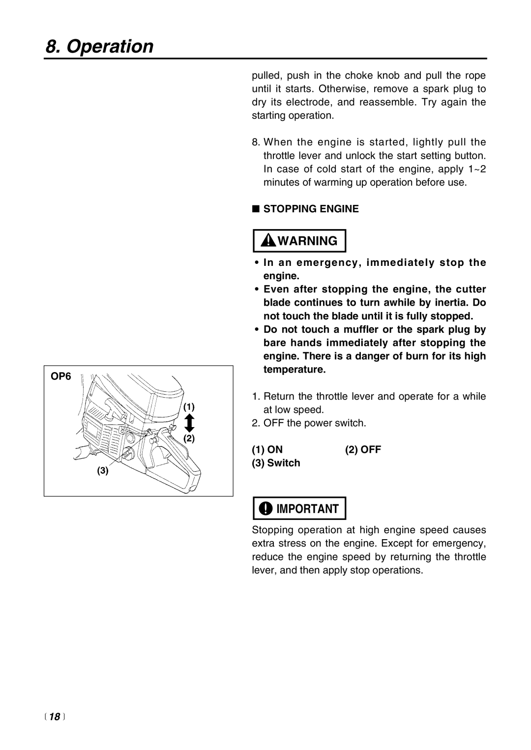 RedMax HC510DV manual OP6, Stopping Engine, Off, Switch,  18  