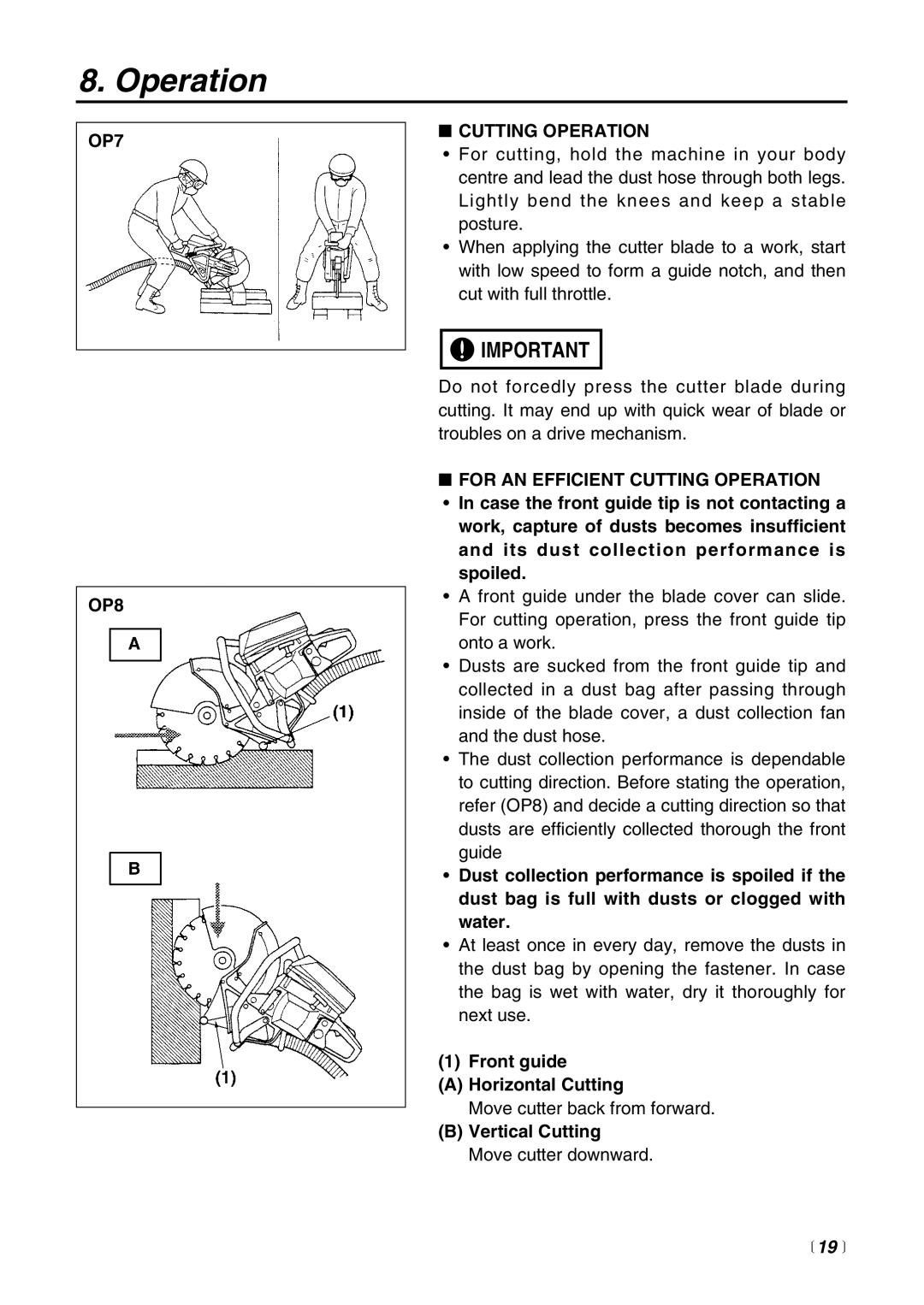 RedMax HC510DV manual OP7 OP8 Cutting Operation, For AN Efficient Cutting Operation, Front guide Horizontal Cutting,  19  