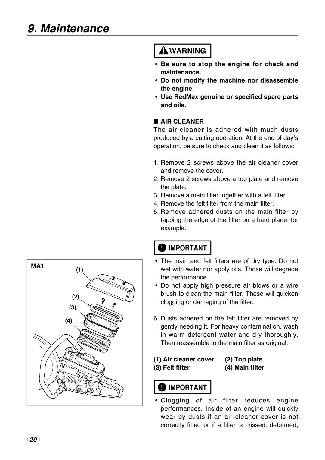 RedMax HC510DV manual Maintenance, MA1,  20 , AIR Cleaner, Air cleaner cover Top plate Felt filter 