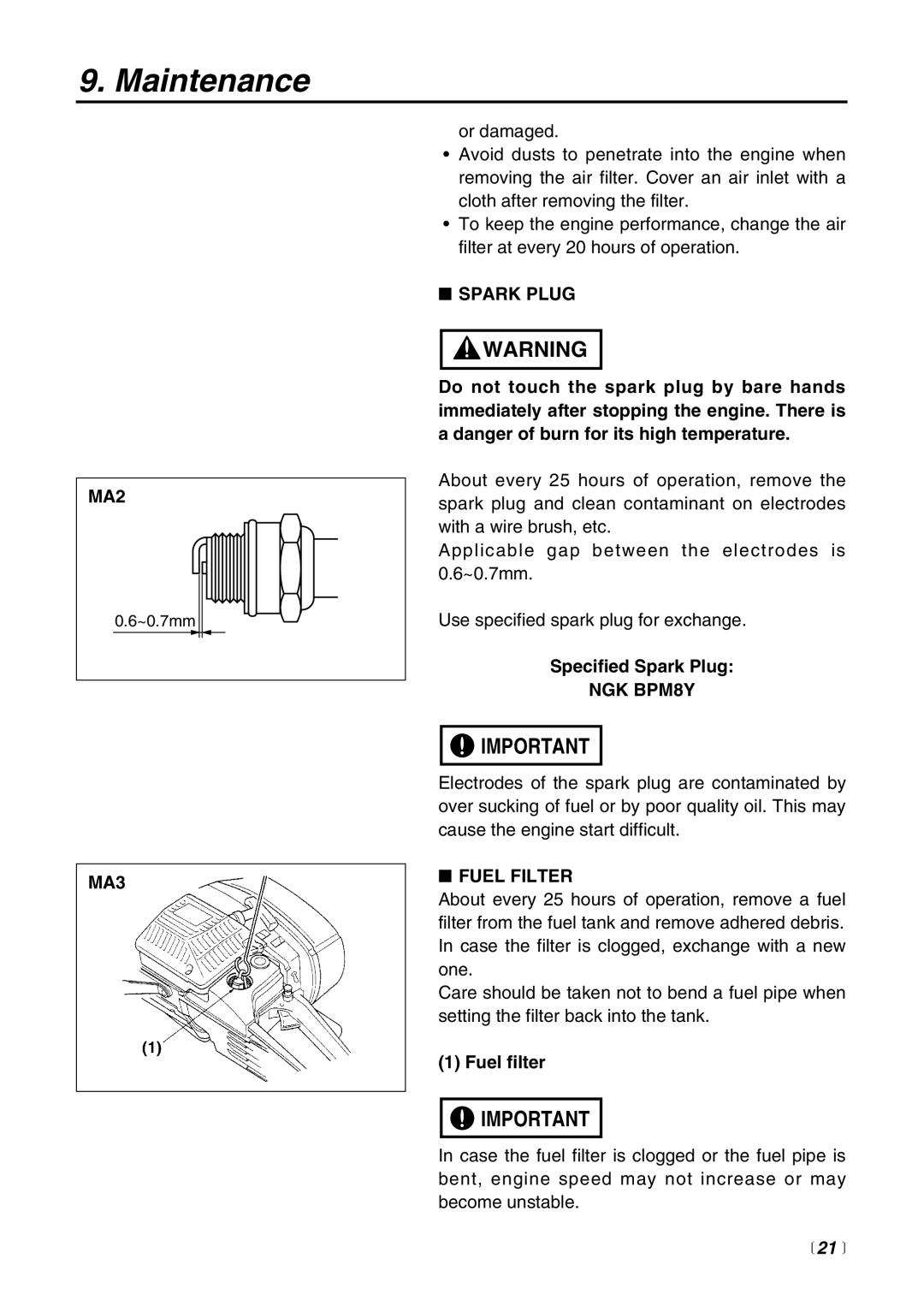 RedMax HC510DV manual MA2, MA3, Spark Plug, NGK BPM8Y, Fuel Filter 