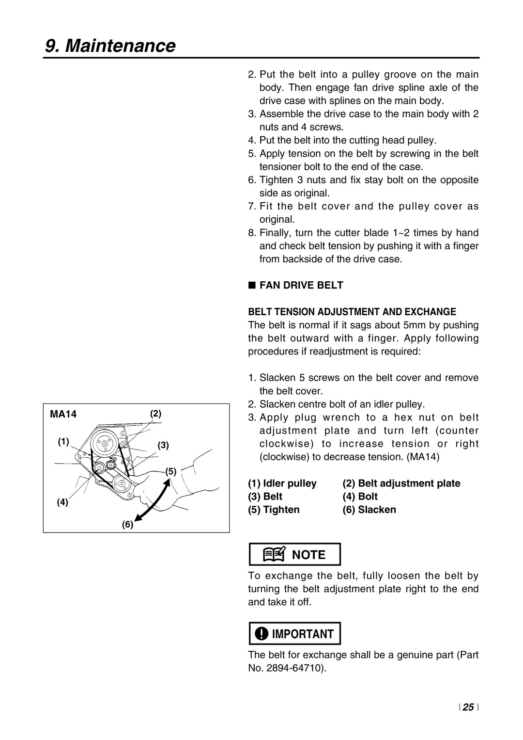 RedMax HC510DV manual MA14, FAN Drive Belt Belt Tension Adjustment and Exchange,  25  