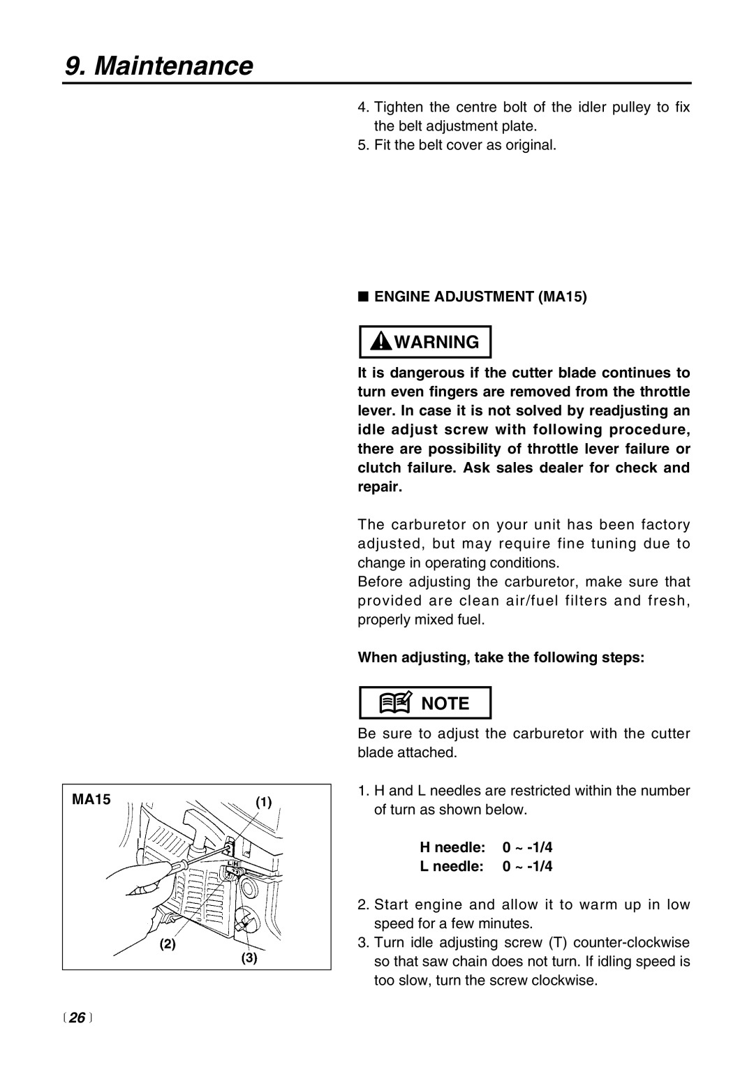 RedMax HC510DV manual  26 , Engine Adjustment MA15, When adjusting, take the following steps, Needle 0 ~ -1/4 