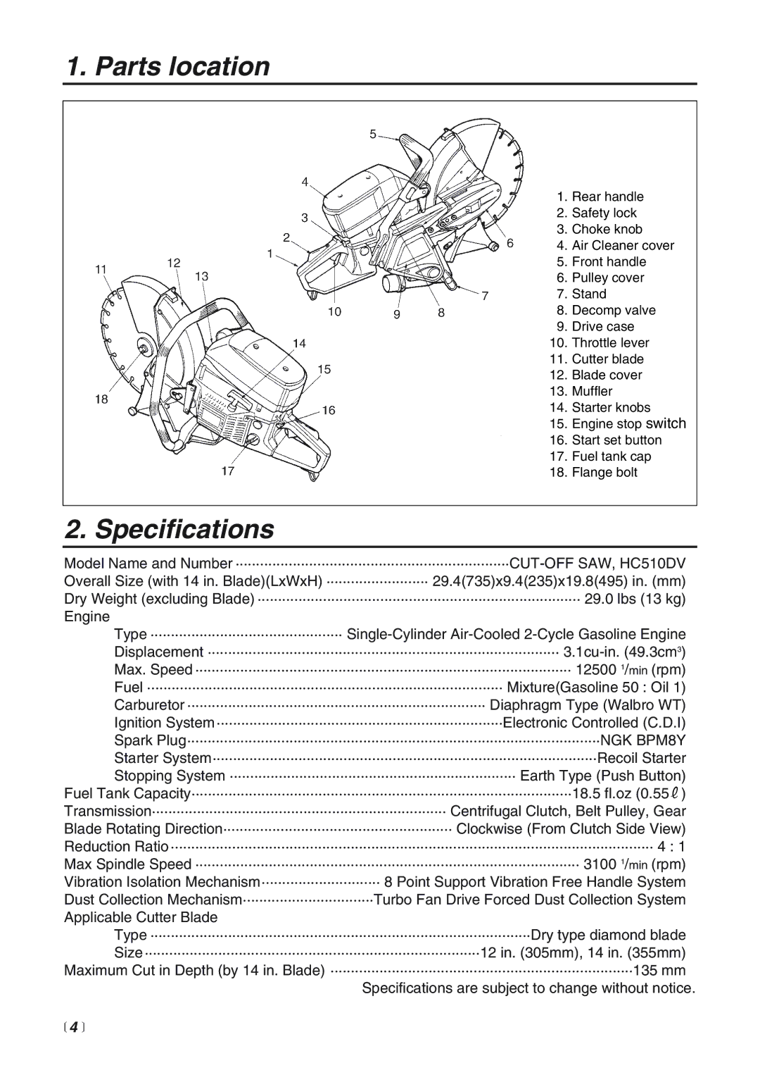 RedMax HC510DV manual Parts location, Specifications,  4  