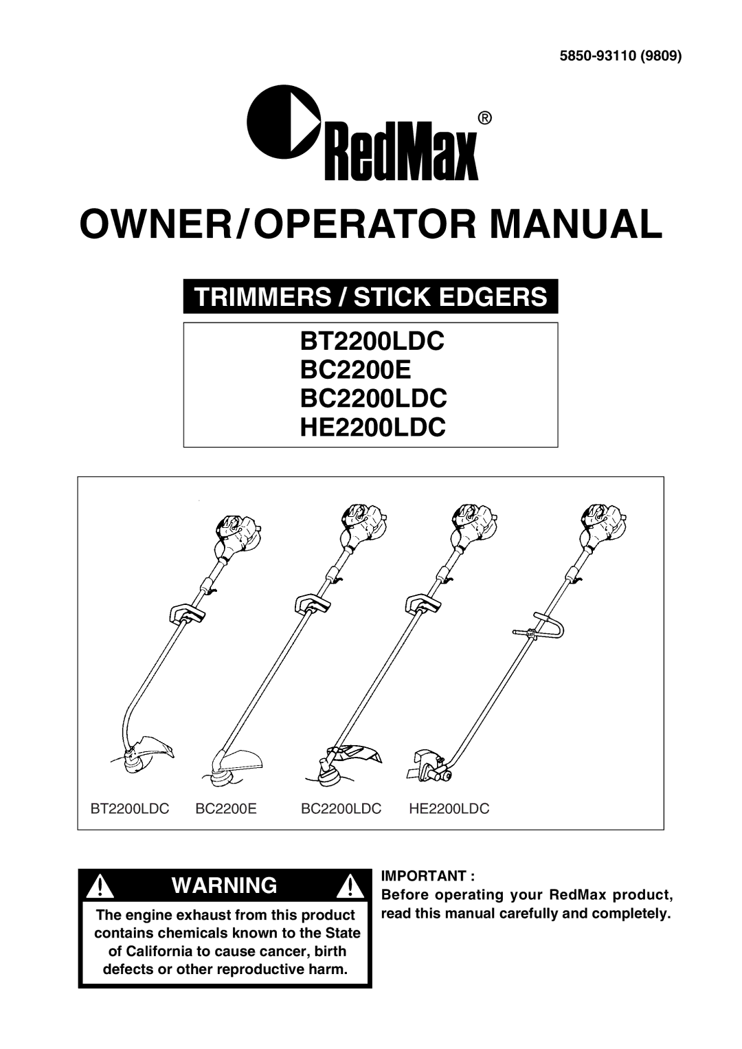 RedMax BC2200E, HE2200LDC, BC2200LDC, BT2200LDC manual OWNER/OPERATOR Manual, 5850-93110 